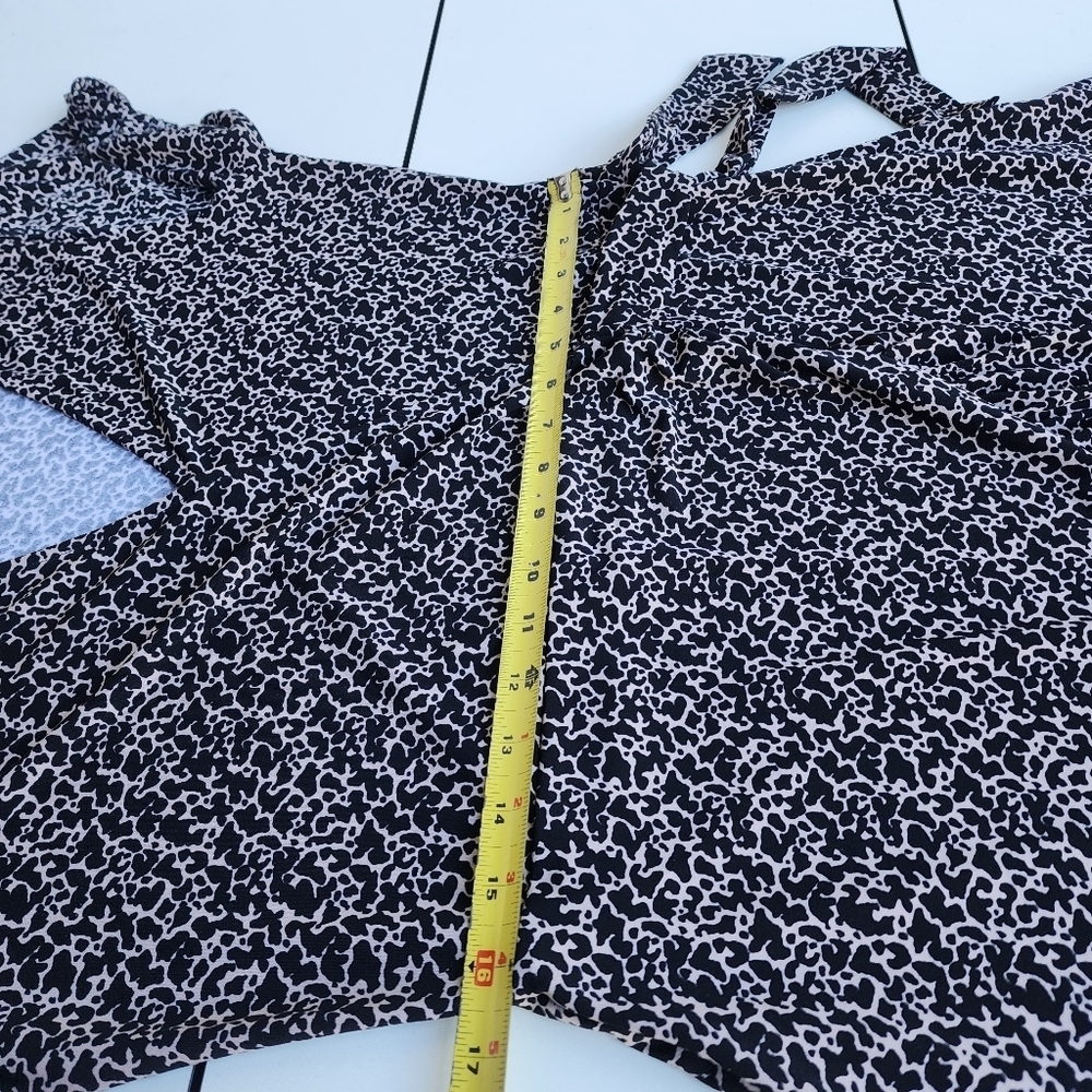 MICHAEL Michael Kors Black Beige Print Tie Faux Wrap Dress Ruffle Short Sleeve L - Picture 11 of 13